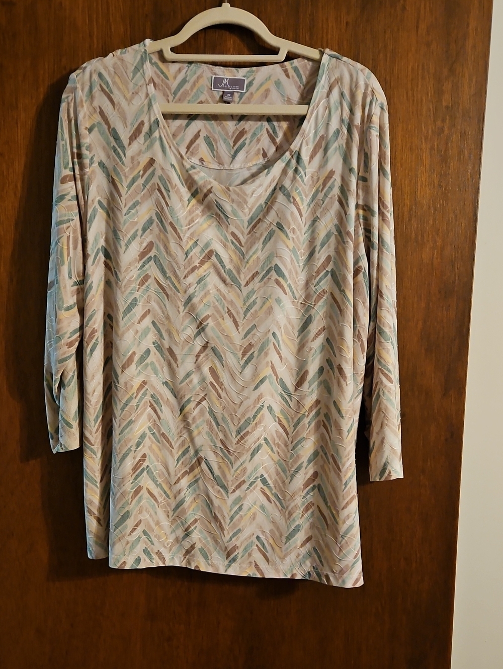 JM Collection Scoop Neck Top in Taupe Sage & Mustard Sz 3X New w/o TAGS 3/4 Slv